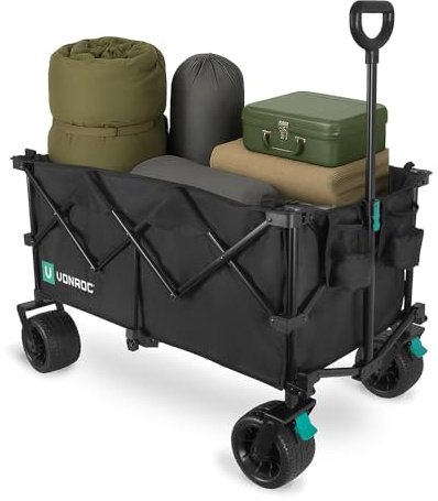 VONROC Bollerwagen XL – Faltbar - 80 kg Tragfähigkeit – 200 l Fassungsvermögen - Extra geräumiges Modell - Massive Anti-Leckrollen - Stabiles Stahlgestell – Polyester 600D - Schwarz