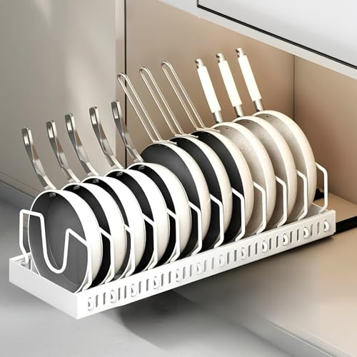 ZLPBAO Porta Coperchi Pentole Scorrevole con Doppia Guida, Pull-out Portacoperchi con 12 Scomparti Regolabili, Porta Padelle Salvaspazio per Padelle, Coperchi e Piatti, Organizer cucina, Bianco
