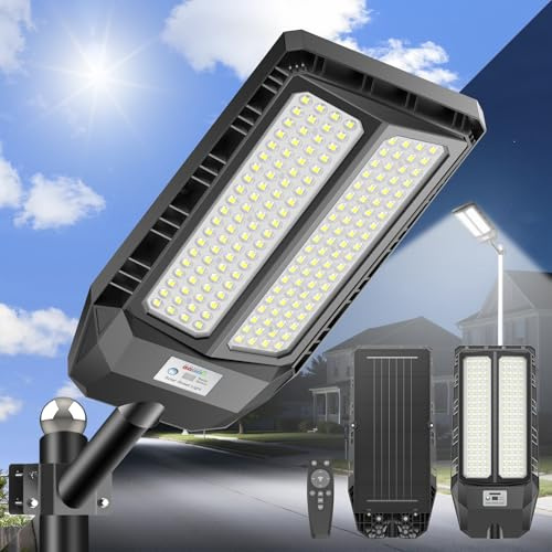 JADIDIS 900W Solar Straßenlaterne,Solarlampen für Außen mit Bewegungsmelder & Fernbedienung,IP66 Wasserdicht,4 Beleuchtungsmodi,6500K Superhell für Garten,Hof,Straße,Garage