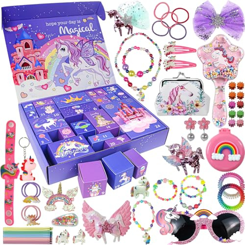 Adventskalender 2025 für Mädchen, Einhorn Weihnachts Countdown Kalender 24 Tage, Überraschungsgeschenke für Mädchen Einschließlich Haarschmuck, Haarspangen, Armbänder, Geldbörse