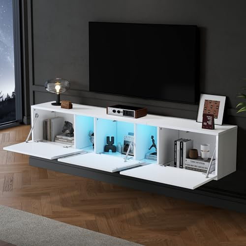 OKMYHOME Meuble TV Suspendu LED, 180 cm, Blanc, pour TV 65–75 Pouces | Meuble télé de salon, contrôle par App, charge maximale 45 kg, 3 portes, panneaux de particules et acrylique, P 35 × H 30 cm