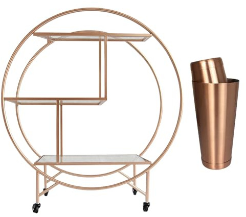 Bar Cart Drinks Trolley, Cocktail Shaker & Corkscrew Halo Serving Table On Caster Wheels Rose Gold Storage Shelving, 3 Shelves, Art Deco, 30's Styles, Furniture, Vintage, Side-table, Tea Party, Modern