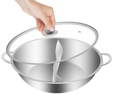 Shabu Topf,Edelstahl Geteilter Hot Pot 34cm Doppelfach Induktionstauglich mit Griff Glasdeckel, S-Type 2 Kammern Kammern Hot Pot kann für Induktionsherde, Gasherde, Elektroherde