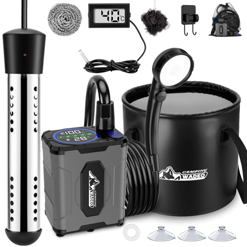 WADEO Douche Portable avec Chauffe-eau à Immersion – 2000W, Pompe Rechargeable, 5 Débits, Écran LED, IPX8, Seau Pliable 20L – Kit de Camping pour Randonnée, Voyage, Lavage Auto, Animal