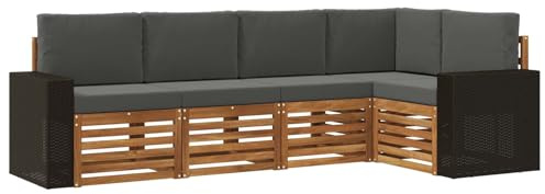 vidaXL Ecksofa Set 5 pcs Natur und Anthrazit Massivholz Akazie, Garten, modernes Ecksofa, Möbel für draußen, Loungesessel, Bequeme Terrassensitzgruppe