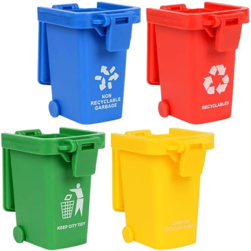 Mini Trash Can Toys, 4 Pack Garbage Truck Recycling Bins, Realistic Miniature Curbside Recycle Bins for Kids Toddlers, Educational Sorting Wastebasket for Party Favors (Assorted Colors)