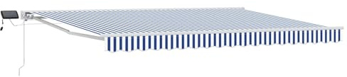 Manueller Markisenrahmen Mit LEDs 4,5x3 M Blau Weiss | Pulverbeschichteter Aluminiumrahmen, Polyesterstoff, Halbkassetten-Design, Ausziehbare Arme