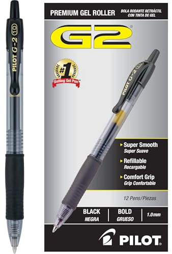 PILOT G2 Premium Refillable & Retractable Rolling Ball Gel Pens, Bold Point, Black Ink, 12-Pack (31256)