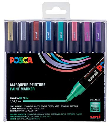 POSCA Mitsubishi Pencil - 8 Marqueurs PC5M - Pointe Conique - Couleurs Métalliques Pointe Moyenne - Marqueurs Peinture à Base d'Eau -Tout Support - Pour Papier, Textile, Verre, Galet, Bois