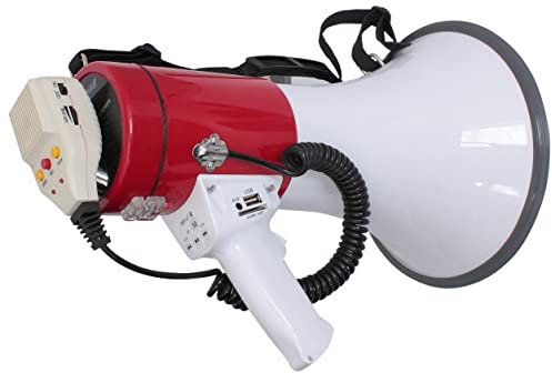 LTC - MEGA50USB - Mégaphone de 50W rechargeable avec micro amovible, sirène, USB, SD, AUX, contrôles MP3, poignée, bandouillère et enregistrement de message - Blanc & rouge