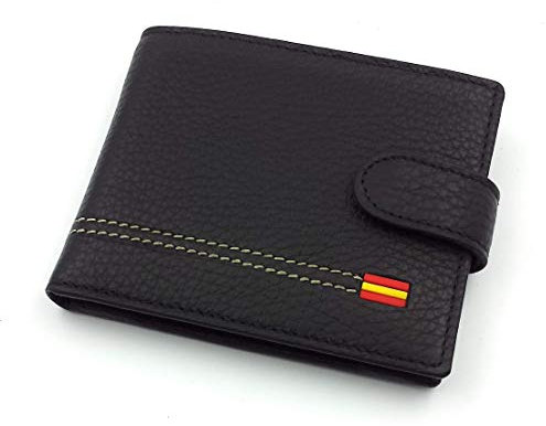 franartPiel - Cartera, billetera, tarjetero, monedero tipo americano Piel Ubrique con bandera de España y cierre de trabilla - Alta Calidad - Negro
