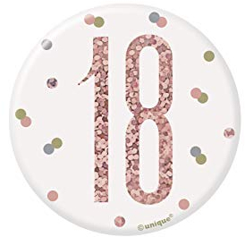 18. Geburtstags-Anstecker - 7,5 cm - Glitzer-Roségold-Geburtstag