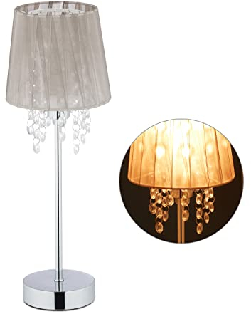 Relaxdays Tischlampe Kristall, Lampenschirm aus Organza, runder Standfuß, Nachttischlampe, HxD 41 x 14,5 cm, grau/silber