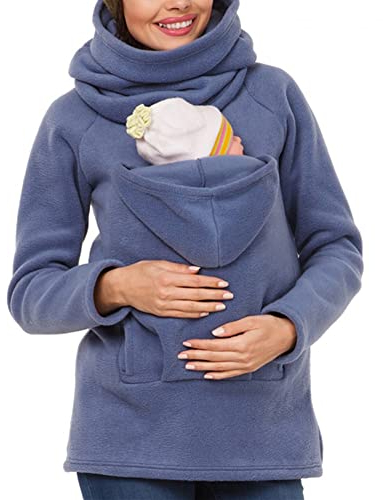 amropi Tragejacke für Mama und Baby 3 in 1 Damen Langarm Kapuze Känguru Umstandsjacke Warm Tragepullover mit Babyeinsatz Blau,L