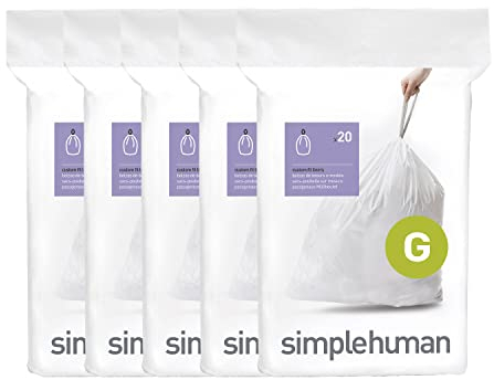 simplehuman Code G 100 Count,Genuine Custom Fit Liners, Drawstring Trash Bags in Dispenser Packs, 30 Liter / 8 Gallon, White