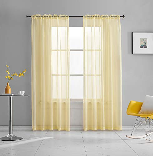 TOAVA Deco Hellgelbe durchsichtige Voile-Vorhänge, durchscheinend, einfarbig, Fensterbehandlung, 274 cm Lange Paneele, Stangentasche, hellgelb, durchscheinend für Schlafzimmer, 2 Paneele, 132x274 cm