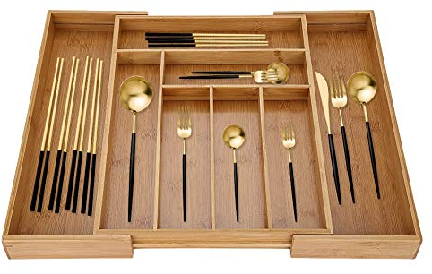 Organizador de cajones de bambú, Bandeja de Cubiertos Extensible, Bandeja de Almacenamiento Multiusos Ajustable, Separador de cajones para Cubiertos, Cubiertos (54,2 x 43,2 x 5 cm)