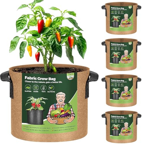 T4U 5-Pack 7 Gallon Fabric Plant Grow Bags, Heavy Duty Smart Growing Bag with Handle, Thickened Breathable Nonwoven Growbag Planter Container for Potato Tomato Chili Strawberry Vegetable Seed Outdoor