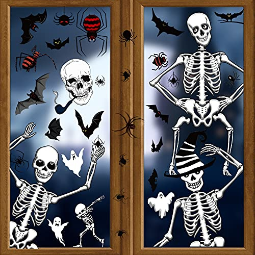 HOWAF Halloween Ventanas Pegatinas Decoración, 50pcs Calavera Esquelet Pegatinas para Halloween Pared Puerta Casa Decoración, Halloween Horror Decoración, Murciélagos Arañas Fantasma Pegatinas