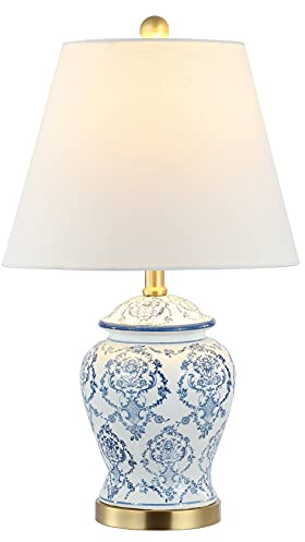 JONATHAN Y 22.25 Blue/White Chinoiserie Ceramic Urn Table Lamp, Traditional Classic Nightstand Lamp for Living Room Bedroom, White Linen Shade, LED Bulb Included JYL3085A