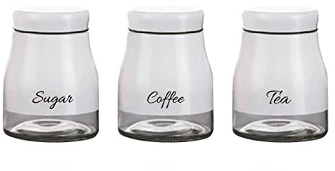 JJA Juego de 3 recipientes de almacenamiento de cocina, té, café y azúcar, tarro de vidrio con tapa de rosca, utensilios de cocina para bebedores de té y café ávidos (blanco)