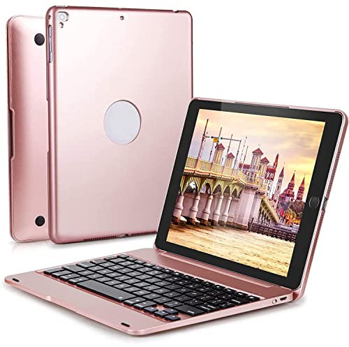 Funda Con Teclado Para iPad 9.7 2018 (6.ª Generación) 2017 (5.ª Generación) iPad Pro 9.7 iPad Air 2 & 1 Con Smart Folio Hard Back 130°, Cubierta Teclado Español Ñ Inalámbrico Desmontable,Rose gold