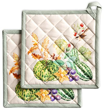 Maison d' Hermine Hot Pads Topfhalter aus 100% Baumwolle, 2er-Set (20cm x 20cm) mit Schleife, hitzebeständig für BBQ, Kochen, Backen, Grillen, Barbecue, Lumina – Erntedankfest/Weihnachten