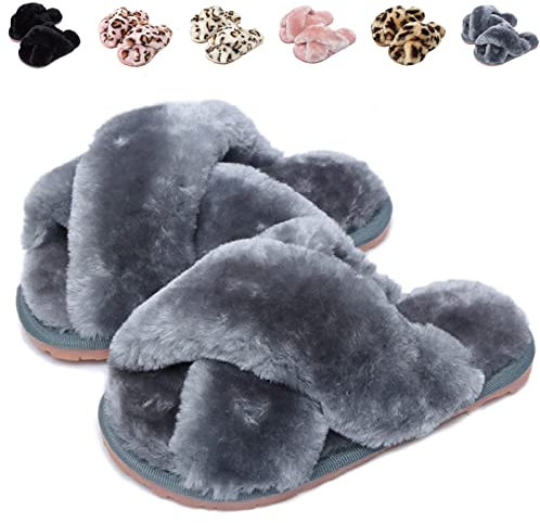 Pantofole Peluche Donna Ciabatte Invernali Pelose Bambina Scarpe da Casa Donna Comode Calde Aperta Slippers Grigio EU 39/40 (Dimensione Etichetta 40/41)