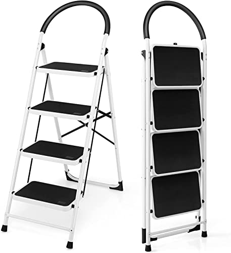 COSTWAY Trittleiter 4 Stufen Stehleiter, Klappleiter bis 150 kg, Klapptritt Tritthocker Klappbar, Leiter mit Handlauf & Rutschfester Plattform, Haushaltsleiter für Zuhause Büro Garage Schwarz