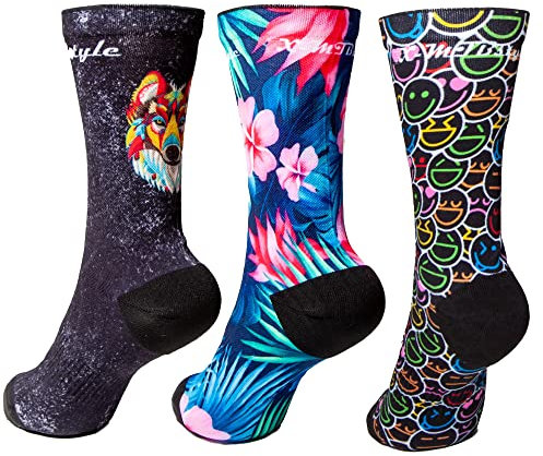 XMTBSTYLE 3er-Pack Sportsocken für Herren und Damen für Crossfit, Radfahren, MTB, Laufen, Fitnessstudio (LOBO FLORES COLORIDO, L (42-45))