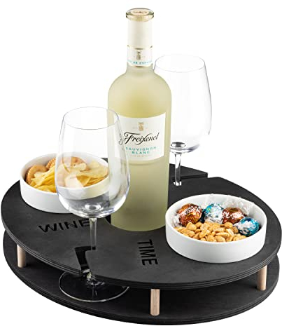 INEXTERIOR WineTime - WeinBar für Weiflasche und Gläser sowie Snacks - Aus Birkenholz hangefertigt - Made in Germany - Weinträger Weinregal tablett Brett unterlage (Schwarz)