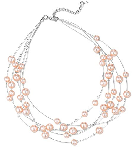 Collier Pendentif en Fausses Perles à Couches Multiples Collier Ras du Cou pour Femmes avec Perles Rondes Un Cadeau de Fête Élégant pour La Femme de la Mariée le Jour de la Saint-Valentin(55-Pink)