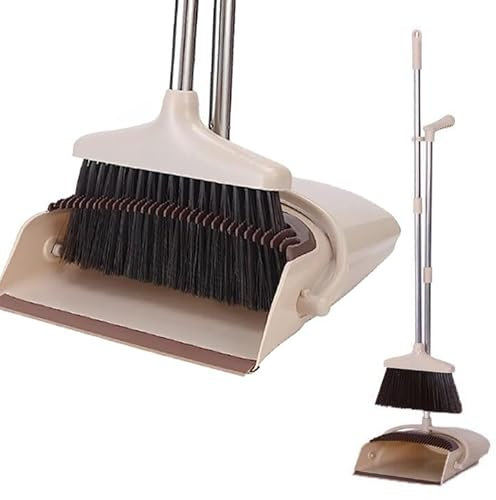 Emaggic Long-Handled Broom and Dustpan Set – 36 Lightweight Sweeping Combo with Self-Cleaning Teeth, Indoor/Outdoor Dustpan for Home, Kitchen, Garden, Lobby – Beige