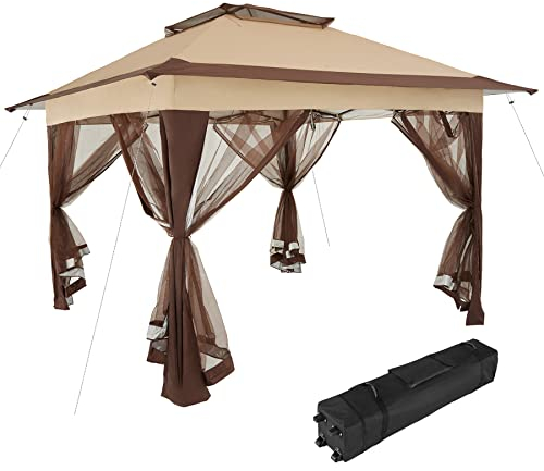 tectake Faltpavillon mit wasserabweisendem Doppeldach mit UV-Schutz, 364 x 364 x 294 cm, Gartenpavillon mit 4 Moskitonetz Seitenteilen, faltbar, Pavillon inkl. Transporttasche mit Rollen - braun