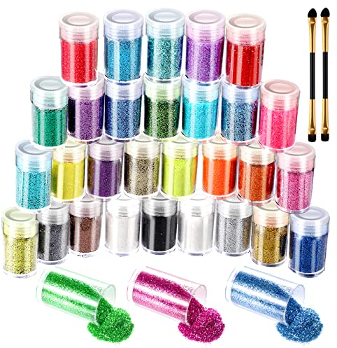 Lanjue 32 Colors Fine Glitter, Extra Face Glitter Hair Holographic Festival with 2 Pcs Double Head Brushes Beauty Set for Body Eye Nail and Art Wax Melts Craft Decor