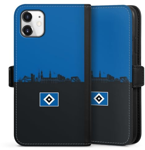 Klapphülle kompatibel mit Apple iPhone 11 Handyhülle aus Kunst Leder schwarz Flip Case HSV Hamburg Skyline