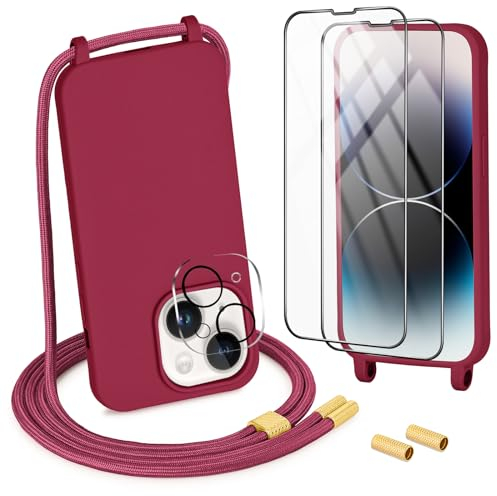 DiDaDi Handykette kompatibel mit iPhone 13 Mini Hülle,Handyband Necklace Hülle mit Band Handyhülle für zum Umhängen Silikon Case mit Schnur Schutzfolie und Kameraschutz in Rot