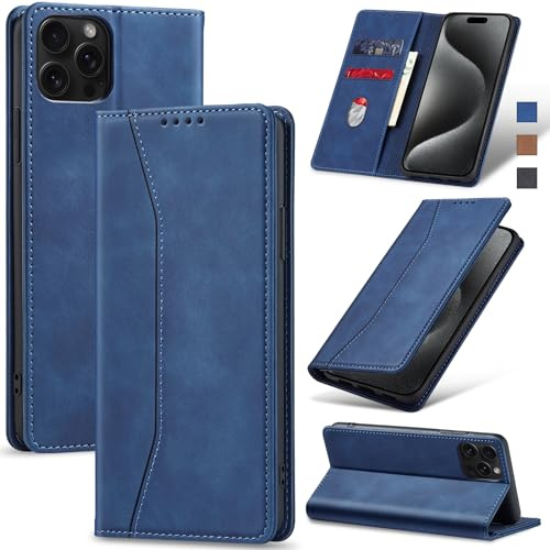 Jasonyu Coque pour iPhone 15 Pro Max Flip Etui,Bleu | Housse en Cuir PU Portefeuille,Porte Cartes,Compartiment à espèces,Antichoc,Magnétique,Stand Fonction