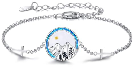 POPLYKE Blauer Opal Berg Glaube Fußkettchen für Frauen Sterling Silber Senf Samen Kreuz Knöchelarmband Doppelschichtige Kette Christian Schmuck Geschenke für Sie