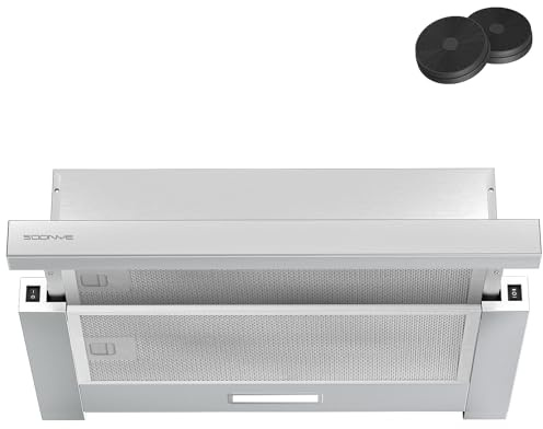 Soonye Hotte Tiroir Téléscopique 60cm Classe A, 370m³/h,Recyclage ou Evacuation,Filtres Charbon Inclus,Hotte Cuisine,Inox