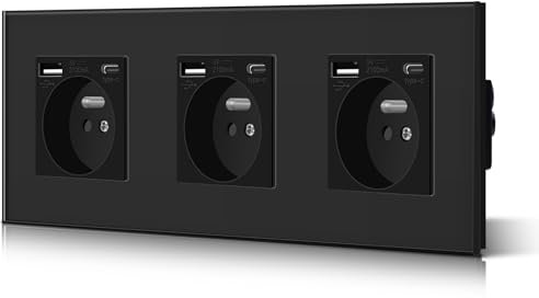 BSEED Prise en verre cristal Murale avec USB et 1 Type C alternatif Multiprise Murale avec USB 2.1A courant 16 Amp 240V 228mm Noir