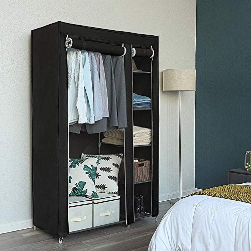 RELOVE Armoire de Rangement Pliable en Tissu Non Tissé, Amovible avec Fermeture Éclair, Étagère et Barre (Noir, 172 x 105 x 43 cm)
