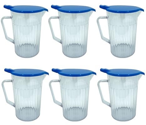 Chabrias Ltd 900ml Plastic Jug 6 Pack with Blue Lid, Virtually Unbreakable Polycarbonate Drink Measuring Jug for Water, Care Homes, Hospitals, Carers