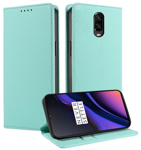 FERLAN Hülle für OnePlus 6T Schutzhülle [Litschi Leder][Kartenfach][Magnet][Standfunktion][RFID-Sperre],Handyhülle Ledertasche Kompatibel mit OnePlus 6T - Grün