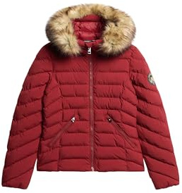 Superdry Damen Fuji Steppjacke mit Kapuze aus Kunstfell Stanton Rot 42