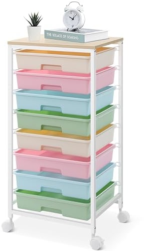 SYKIARIOL Badrollwagen Rollwagen mit 8 Schubladen, Schubladenwagen Rollcontainer mit Holztischplatte für Wohnzimmer Schlafzimmer Büro, großes Fassungsvermögen Bastelwagen, Bunt