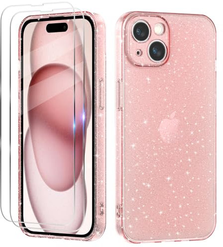 Tikgue Coque Compatible avec iPhone 15 Plus, 2 Pièces Verre Trempé Protection Écran, Clair Housse à Glitter en Mince Silicone Souple Étui Antichoc Case Transparente Cover - Rose