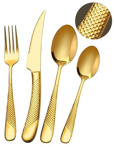 SHEUMNT 24-teiliges modernes, Gehämmertes Besteckset aus Gold mit ultrascharfem 2-in-1 Wellenschliffmesser, Utensilienset aus Edelstahl 18/10, Besteckset für 6 Personen, Messer Gabel Löffel Set