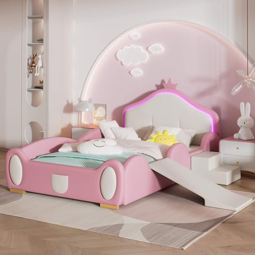 NQSLDM Lettino imbottito 90 x 200 cm con testiera a forma di corona, letto da principessa con piccolo scivolo e scale, letto Montessori, struttura in legno e PU, rosa