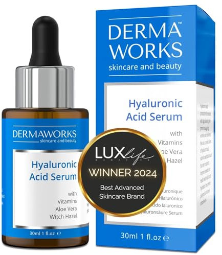 DERMAWORKS Hyaluronsäure Serum mit Vitamin C, Vitamin E & Aloe Vera – Anti Aging Gesichtspflege für Männer & Frauen, Hyaluron Serum für strahlende Haut